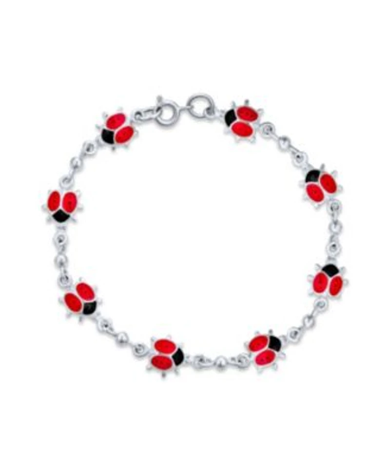 Bling Jewelry Good Luck Garden Lucky Multi Station Charms Enamel Red Ladybugs Charm Bracelet .925 Sterling Silver 7.5 Inch
