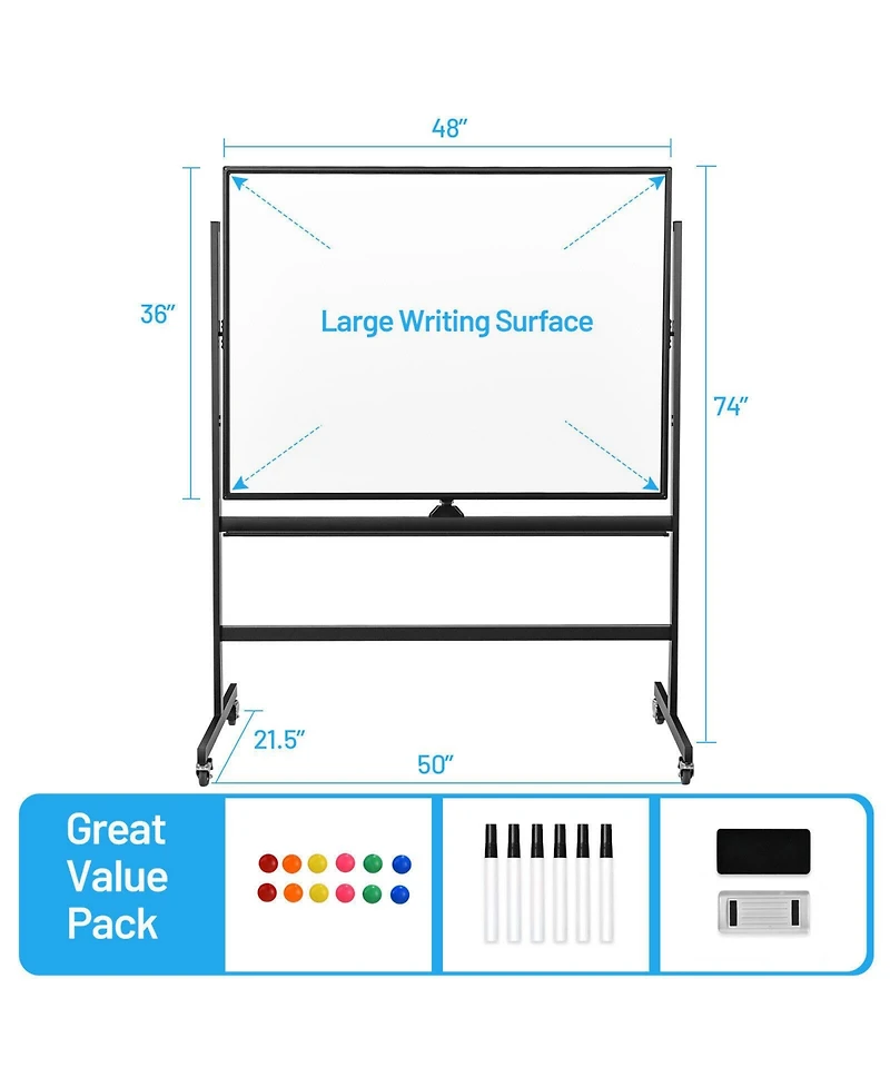 Vebreda 48 x 36 Inch Mobile Magnetic Double-Sided Reversible Whiteboard Height Adjust