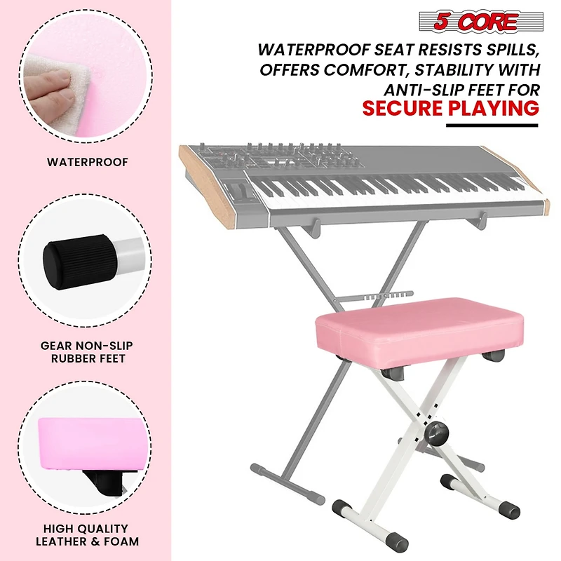5 Core Keyboard Bench 3" Padded Cushioned Piano Stool Height Adjustable Guitar Seat Folding Portable - Kbb Pnk Hd