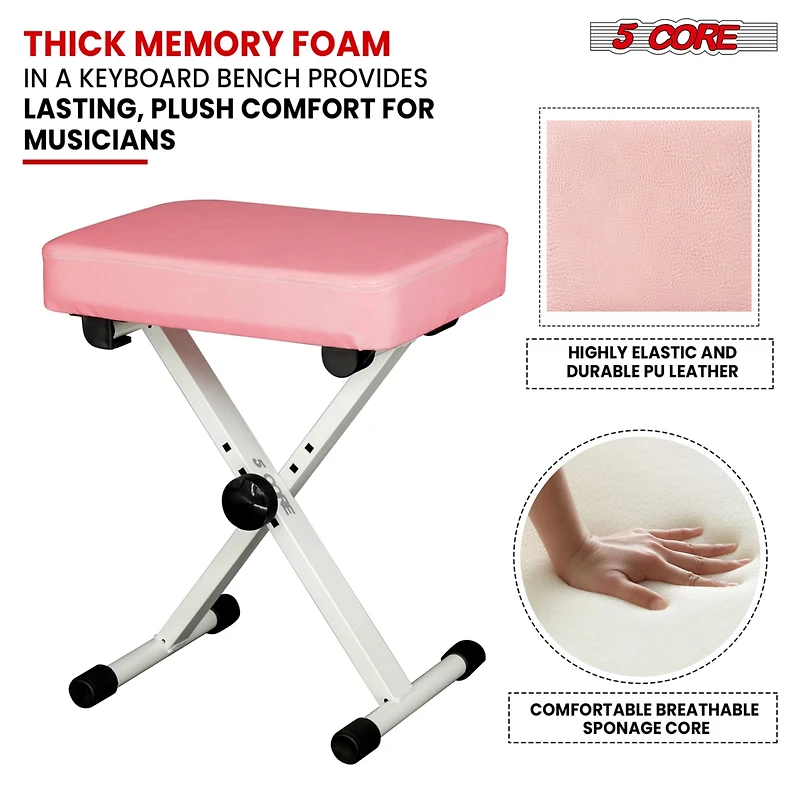5 Core Keyboard Bench 3" Padded Cushioned Piano Stool Height Adjustable Guitar Seat Folding Portable - Kbb Pnk Hd