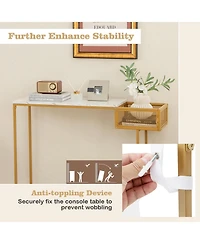Sugift Rectangular White Faux Marble Console Table with Storage-Gold