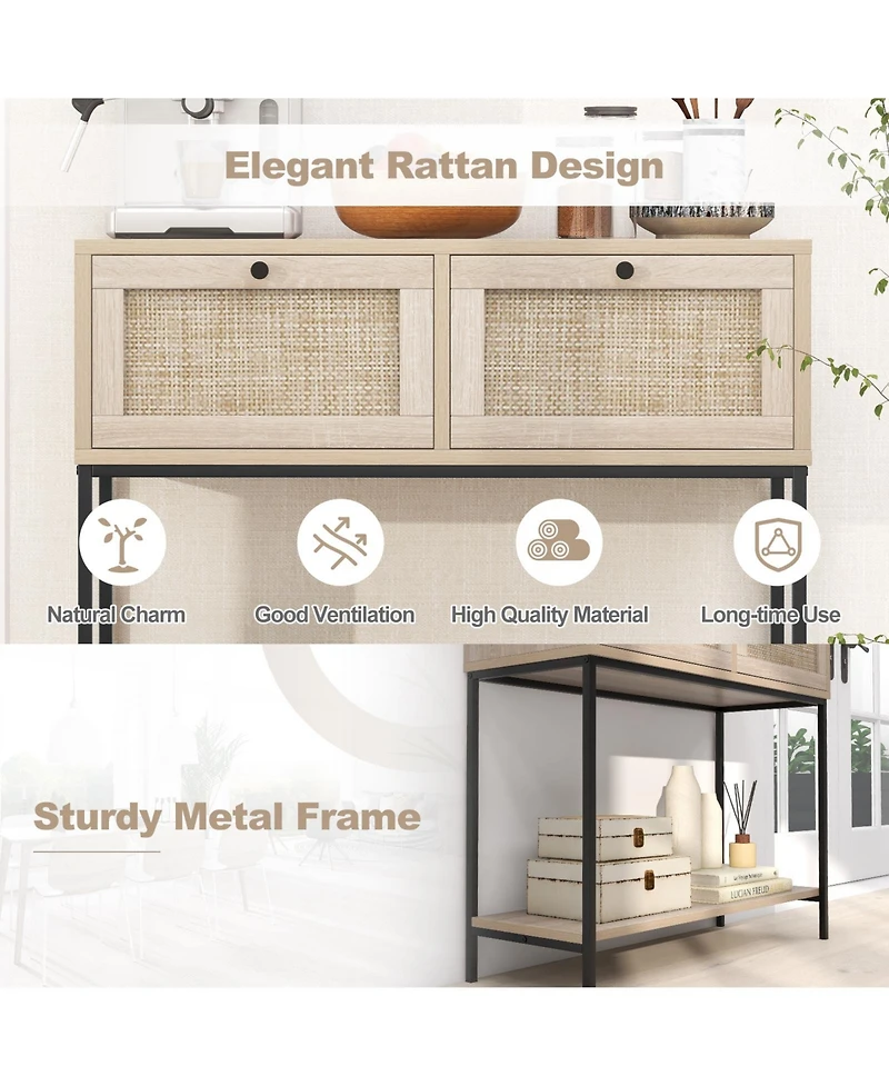 Sugift Rattan Console Table Boho Entryway Table with 2 Rattan Drawers and Open Storage Shelf-Oak