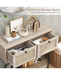 Sugift Rattan Console Table Boho Entryway Table with 2 Rattan Drawers and Open Storage Shelf-Oak