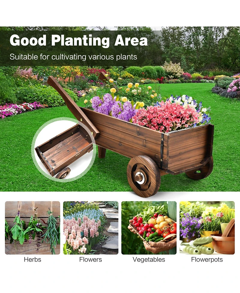 Sugift Wooden Wagon Planter Box with Wheels Handles and Drainage Hole-Rustic Brown