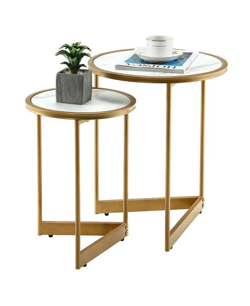 Skonyon Round Nesting Table Set of 2 with Marble-like Tabletop-White