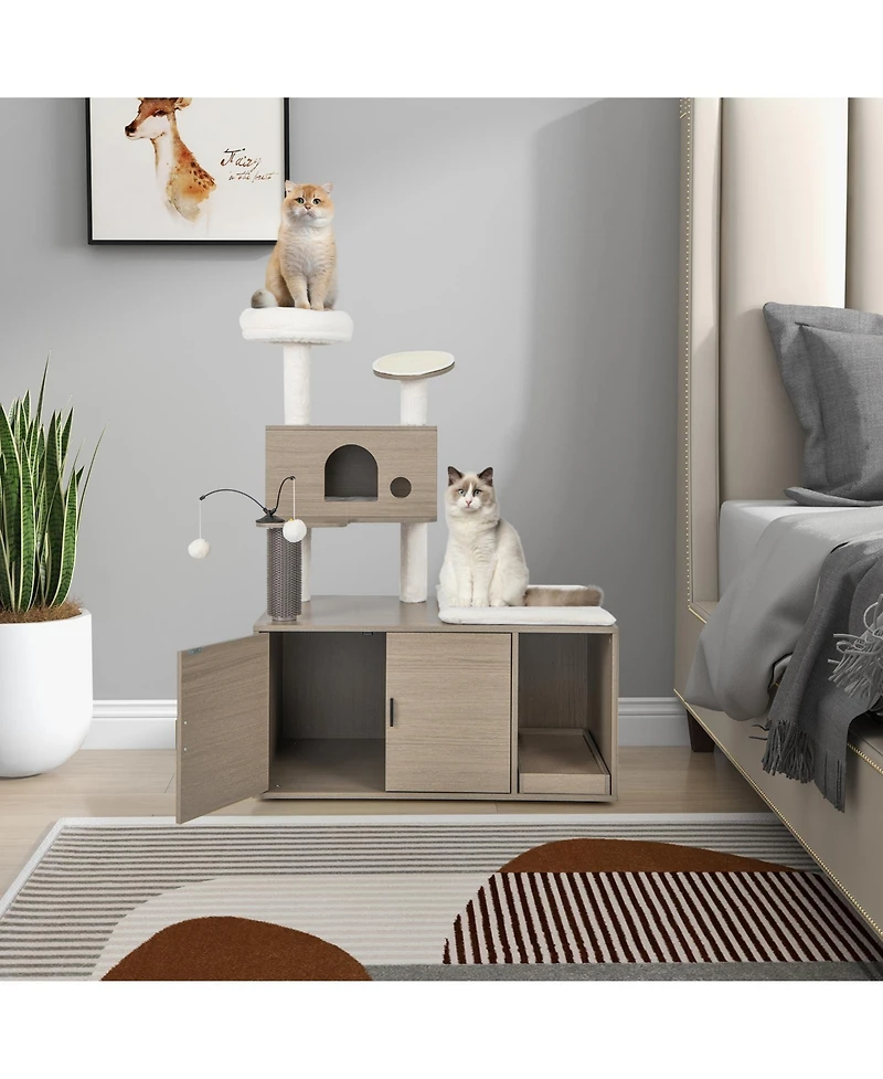 Sugift 2-in-1 Modern Cat Tower with Litter Box Enclosure for Indoor Cars-Gray