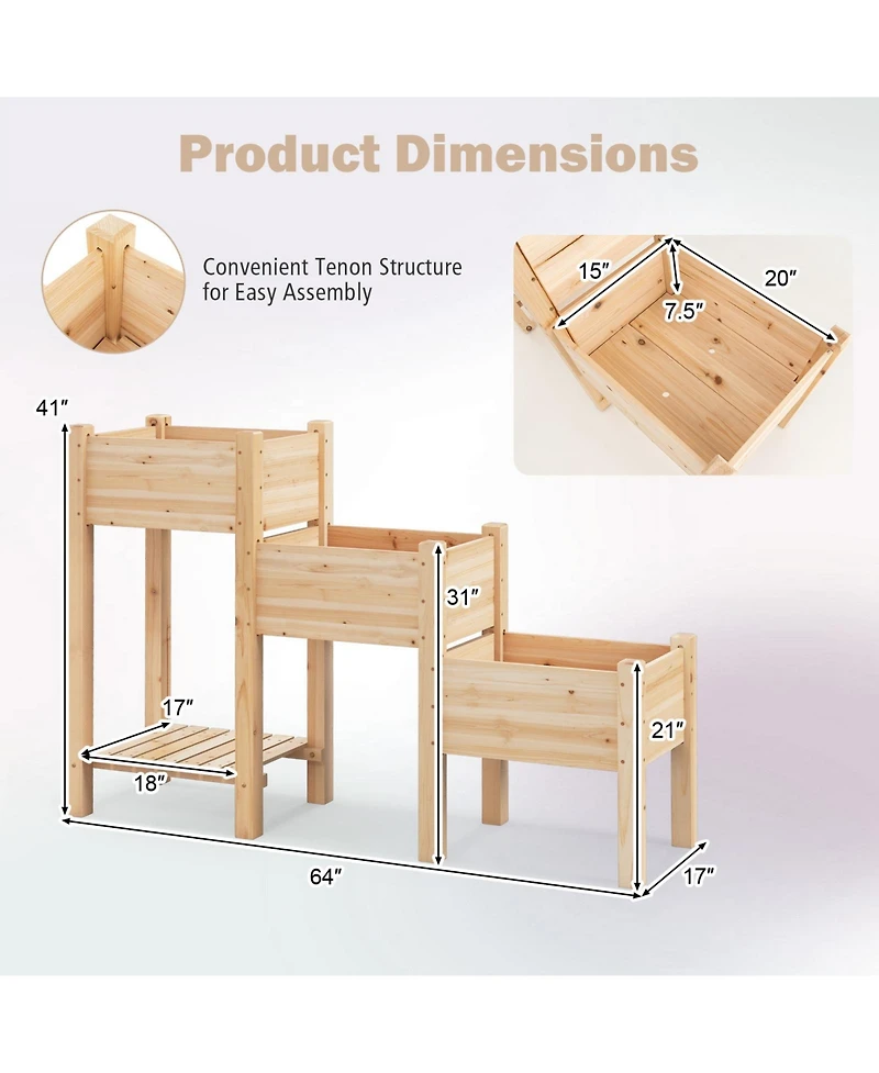 Sugift 3-Tier Wooden Raised Garden Bed with Open Storage Shelf-Natural