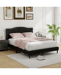 Skonyon Queen Size Upholstered Bed Frame with Nailhead Trim Headboard-Queen Size