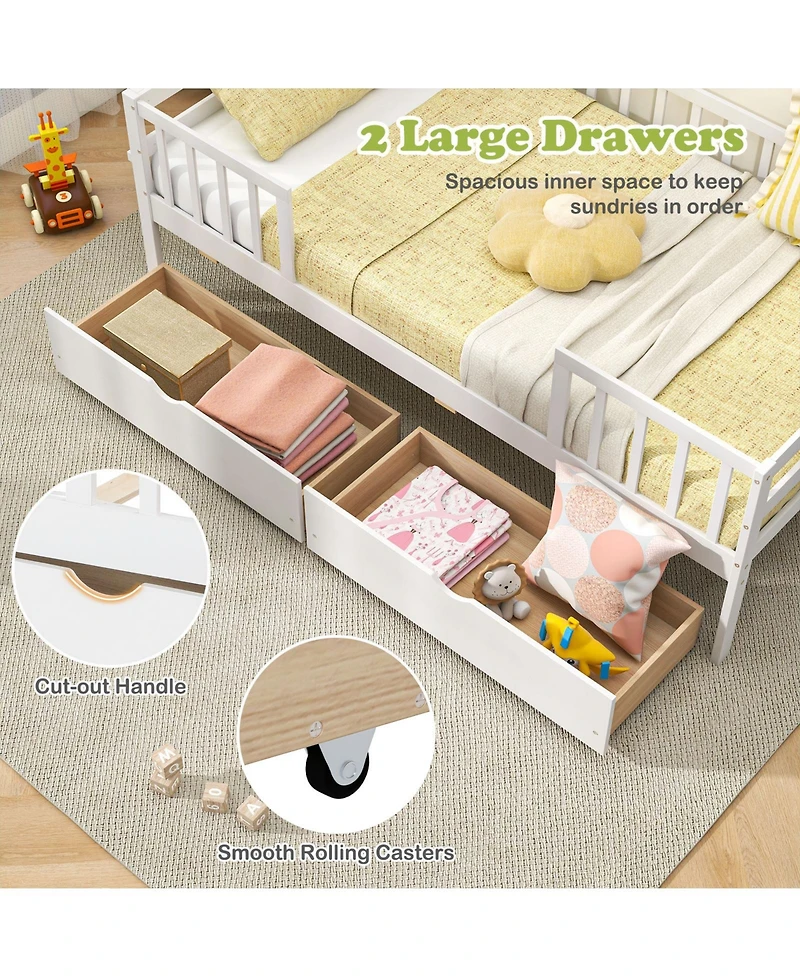 Twin Daybed with Fence and 2 Drawers Kids Bed for Boys & Girls-White