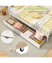 Twin Daybed with Fence and 2 Drawers Kids Bed for Boys & Girls-White