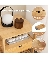 Skonyon Nightstand Set of 2 Bamboo End Table with 2 Open Shelves and Drawer-Set of 2