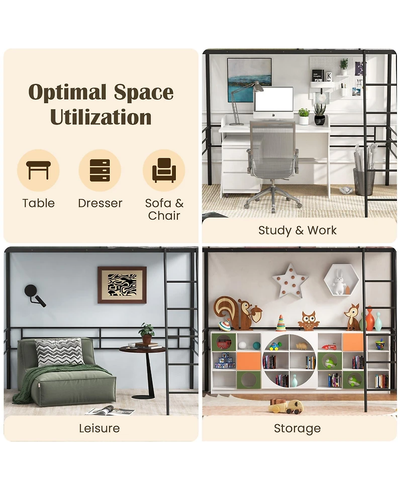 Skonyon Twin Metal Loft Bed Frame with Ladder and Metal Slats Support-Black
