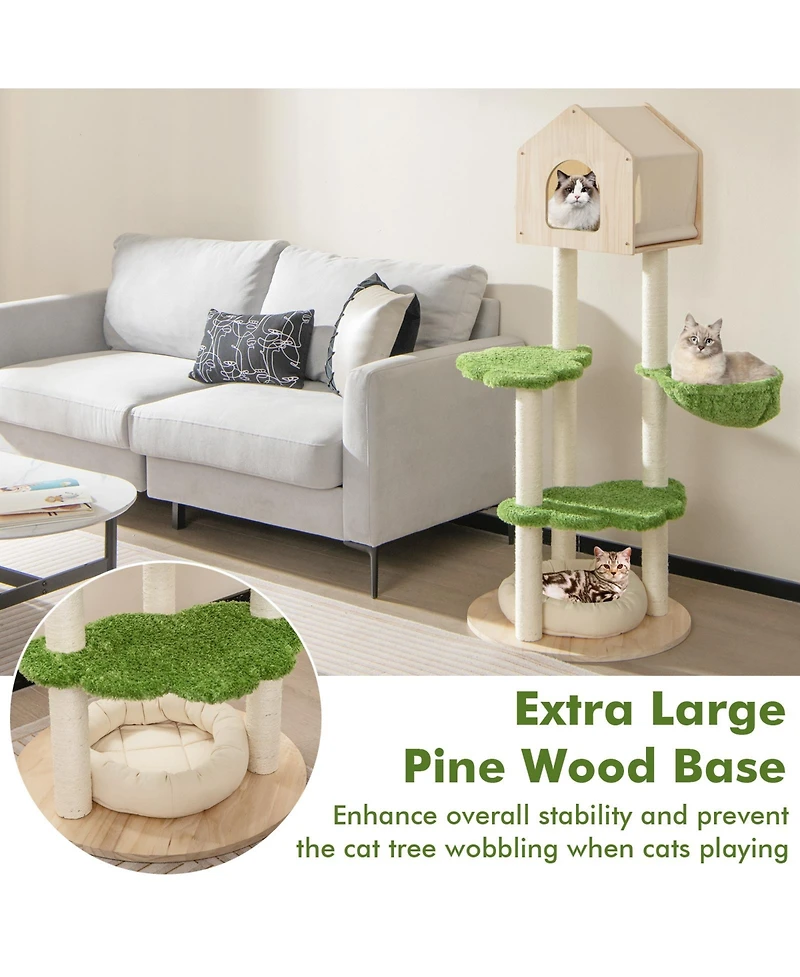 Skonyon 55 Inch Tall Cat Climbing Stand with Sisal Scratching Posts and Soft Cat Bed for Indoor Kittens-Green