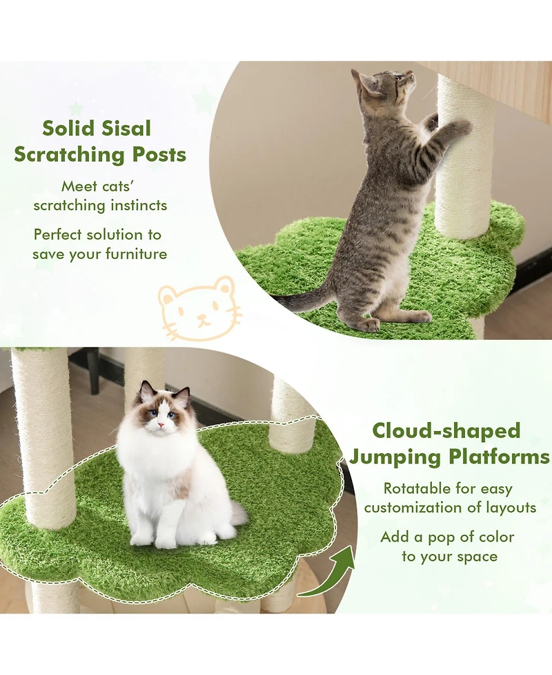 Skonyon 55 Inch Tall Cat Climbing Stand with Sisal Scratching Posts and Soft Cat Bed for Indoor Kittens-Green