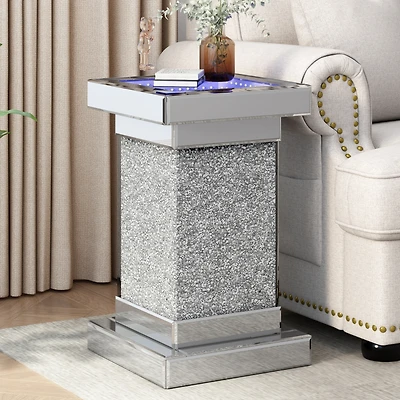 Streamdale Mirrored End Table with Led Lights, Crushed Diamond Accent