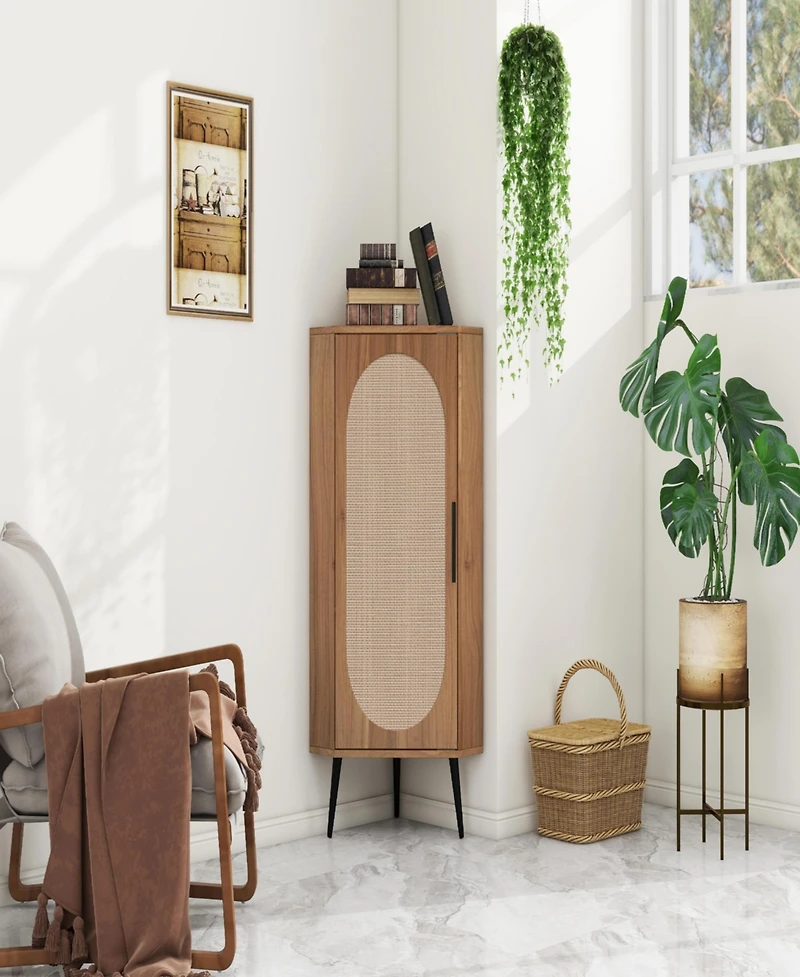 Simplie Fun Freestanding Corner Table with Rattan Door