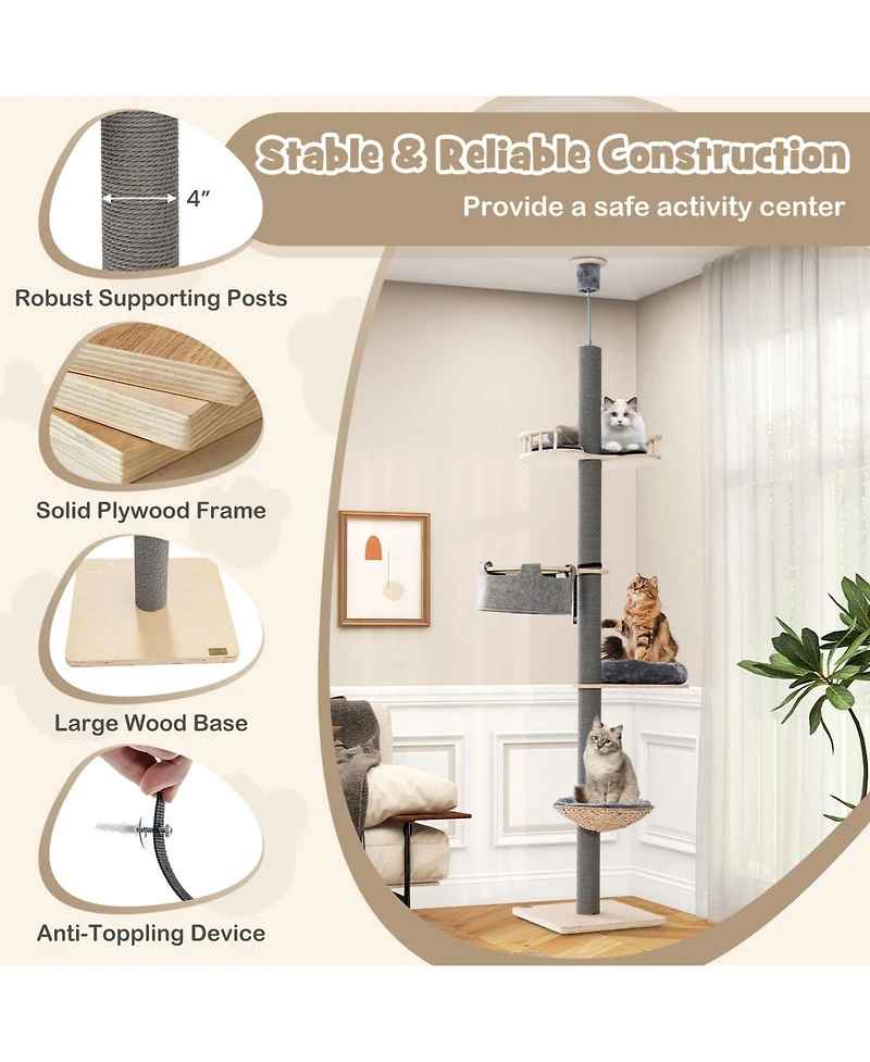 Floor to Ceiling Cat Tree with 93 Inch-107 Inch Adjustable Height-Gray