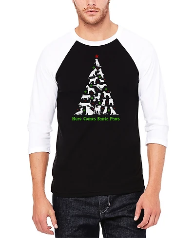 La Pop Art Men's Here Comes Santa Paws Raglan Baseball Word T-Shirt