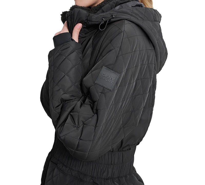 Dkny Women's Quilted Elastic-Waist Hooded Zipper Jacket