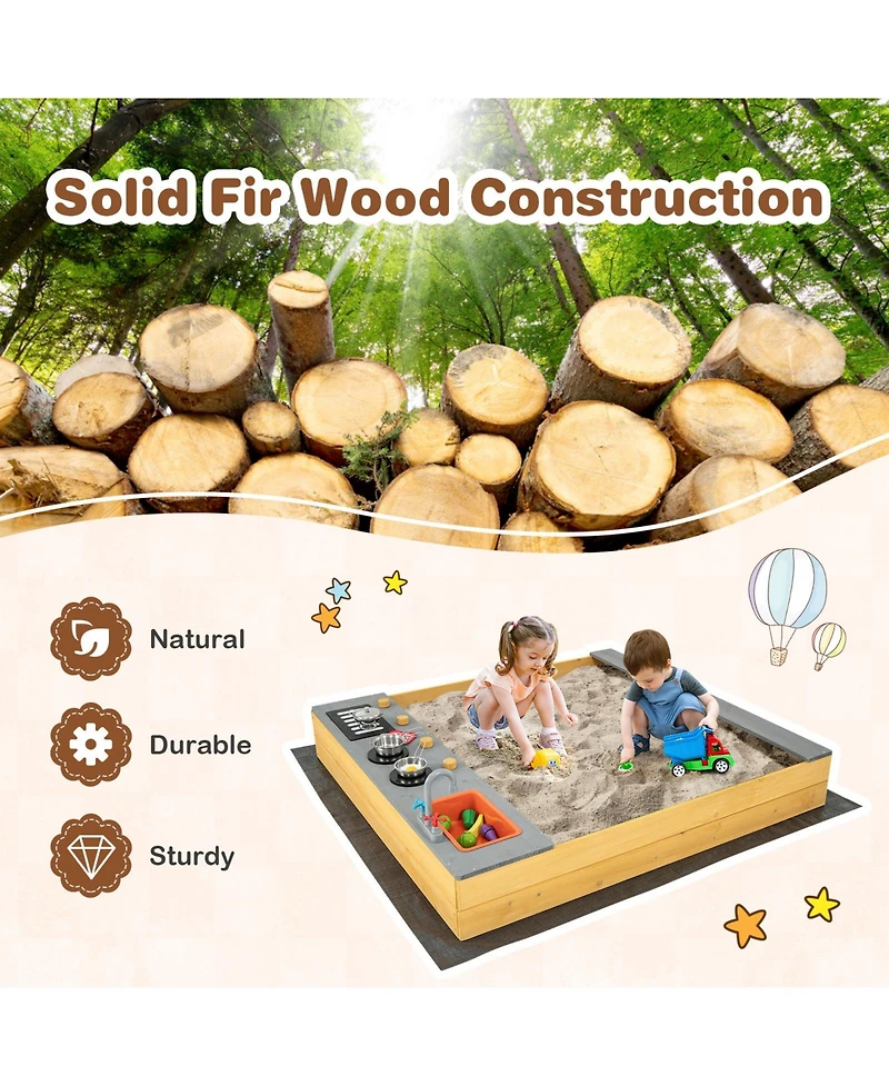 Wooden Sandbox Kids Sand Pit with Kitchen Playset Accessories for 3-8 Years Old
