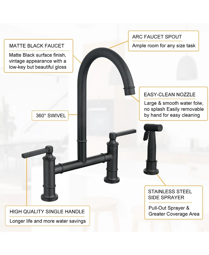 Streamdale Furniture Double Handle Bridge Kitchen Faucet with Side Spray