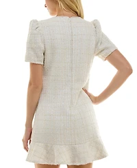 Crystal Doll Juniors' Puff-Sleeve Ruffle Hem A-Line Tweed Dress