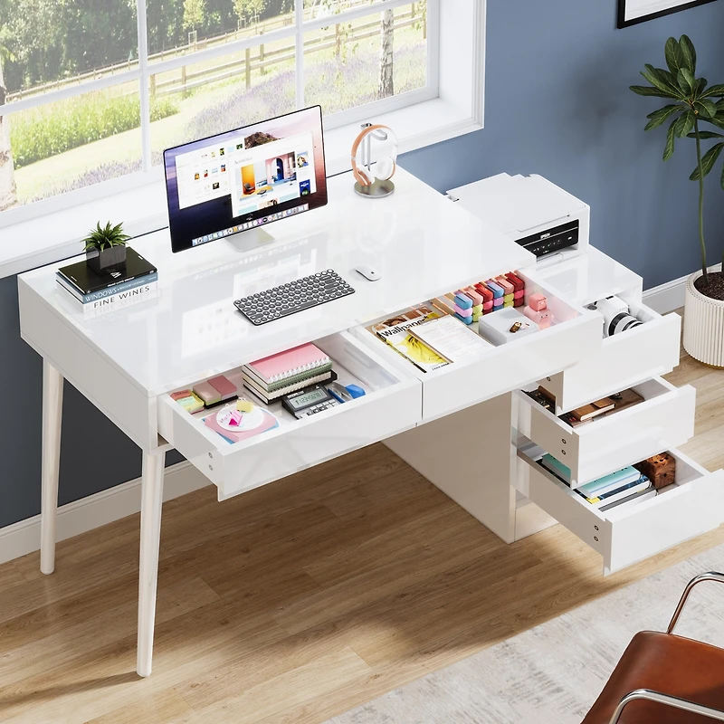 Tribesigns White Desk with 5 Drawers, Modern Home Office Desk with Storage Drawers and Printer Stand, Reversible Computer Desk Vanity Desk, White