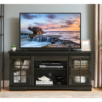 Sliding Door Tv Stand with Sliding Glass Doors, Charcoal Grey