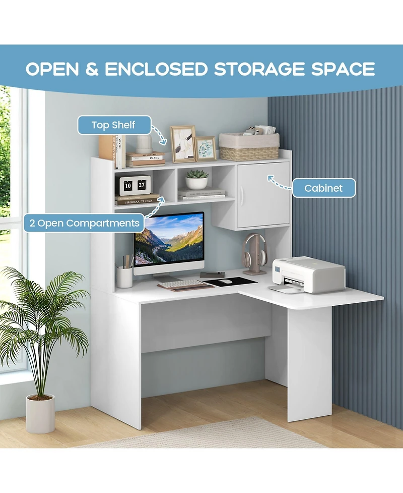 Skonyon L-Shaped Desk Corner Computer Desk with Open Storage Hutch and Cabinet-White