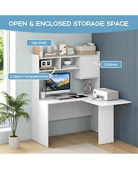 Skonyon L-Shaped Desk Corner Computer Desk with Open Storage Hutch and Cabinet-White