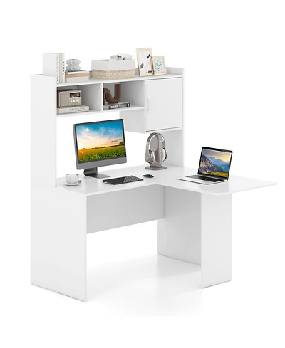 Skonyon L-Shaped Desk Corner Computer Desk with Open Storage Hutch and Cabinet-White