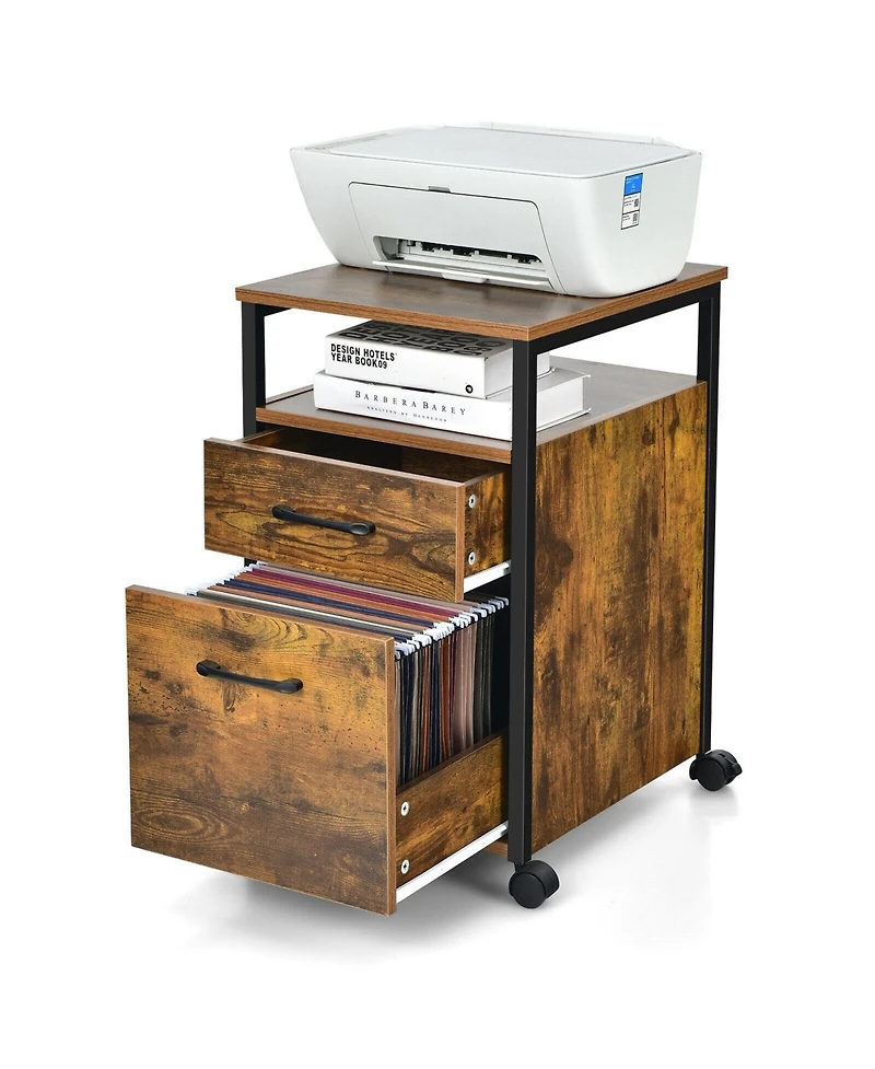 Skonyon 2 Drawer Mobile File Cabinet Printer Stand with Open Shelf for Letter Size-Rustic Brown