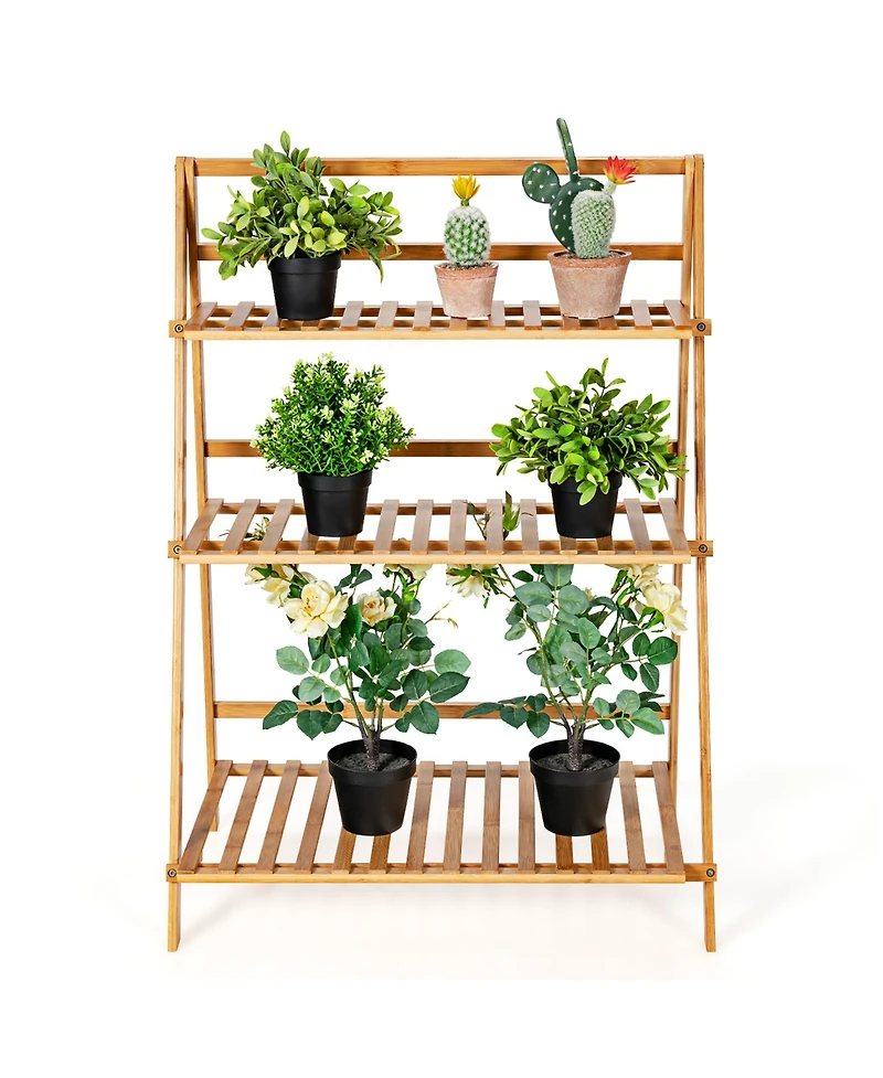 Bamboo Ladder Plant Stand 3-Tier Foldable Flower Pot Display Shelf Rack