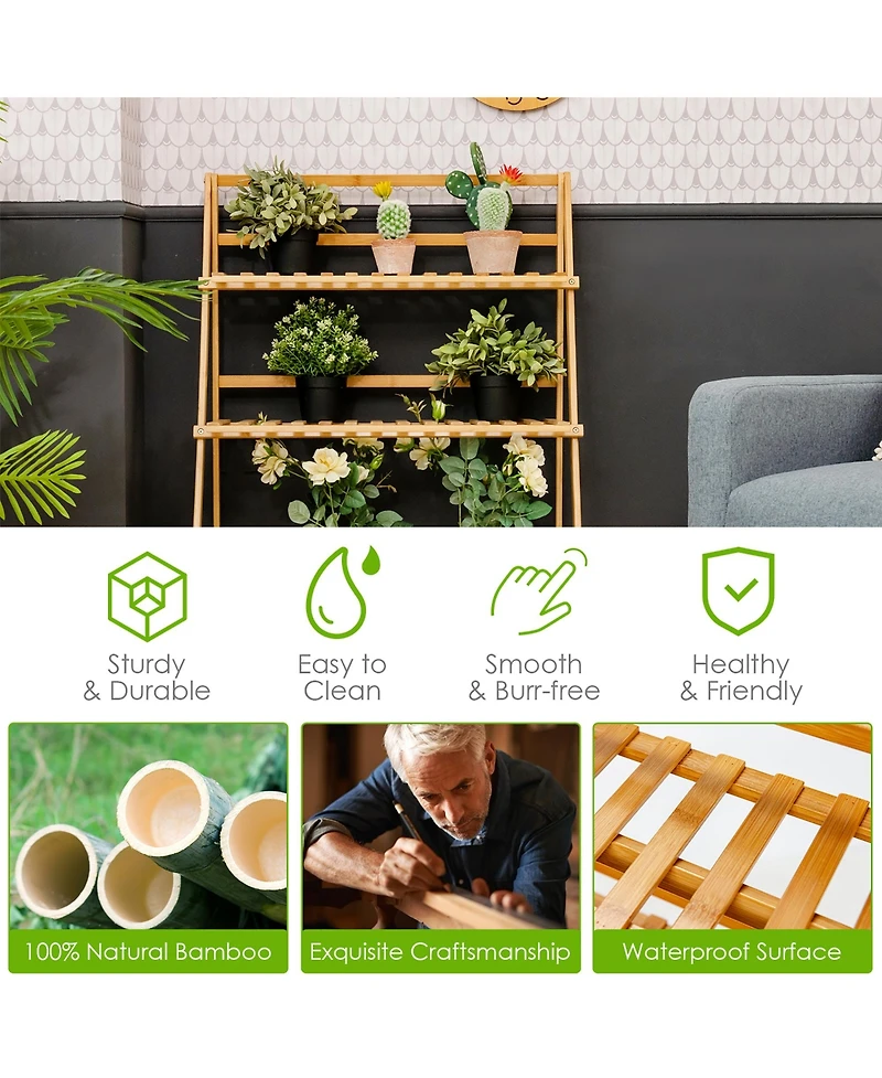3 Tier Outdoor Bamboo Flower Pot Shelf Stand Folding Display Rack Garden Yard