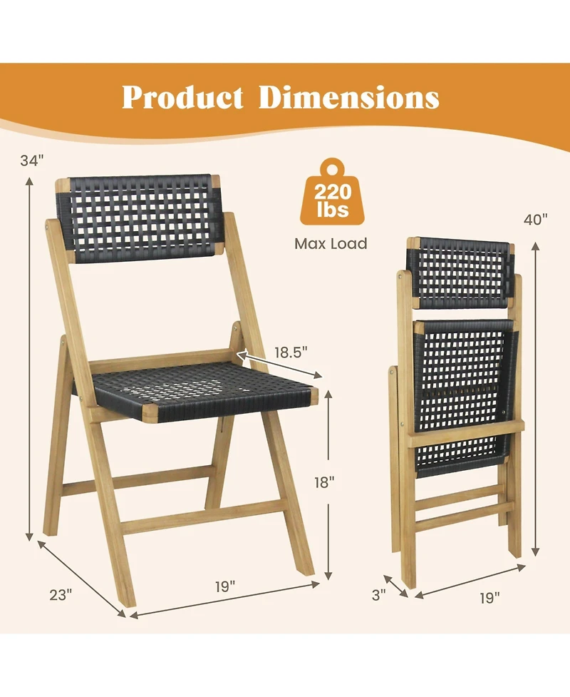 Sugift Set of 2 Folding Chairs Indonesia Teak Wood Dining Chairs with Woven Rope Seat and Back