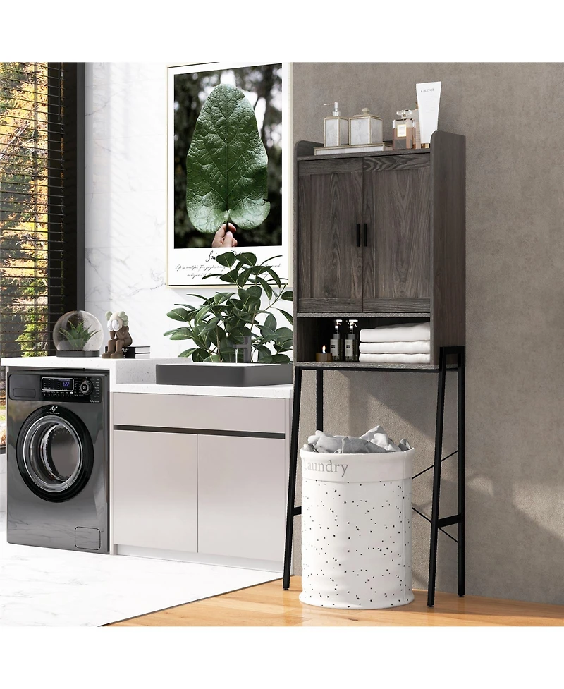 Sugift Over the Toilet Storage Cabinet Space Saver Organizer with Double Doors-Gray