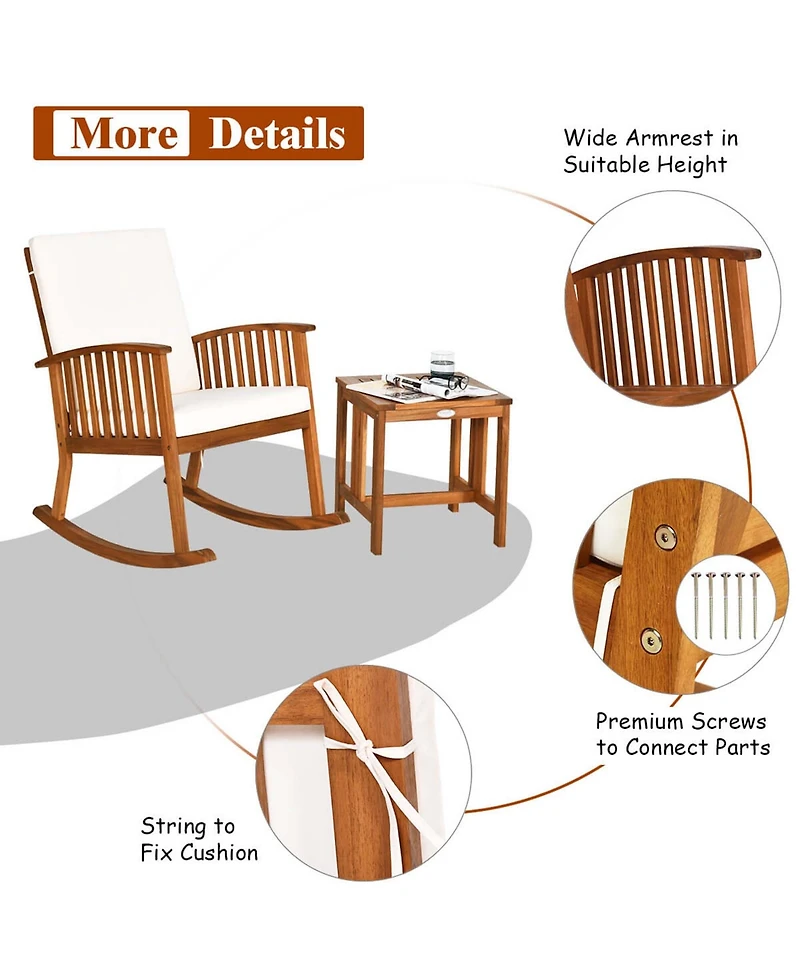 Costway 3 Pieces Acacia Wood Rocking Bistro Set with Coffee Table and Cushions for Lawn