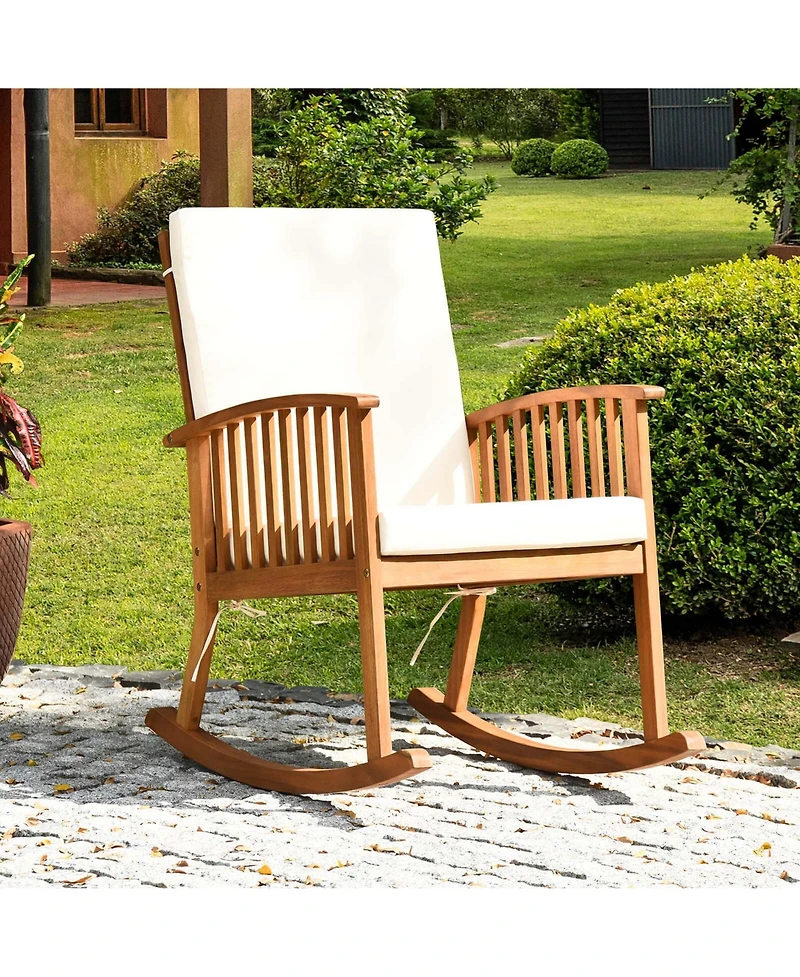 Costway 3 Pieces Acacia Wood Rocking Bistro Set with Coffee Table and Cushions for Lawn