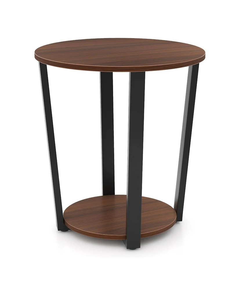 Round End Table with Open Shelf and Metal Frame-Walnut