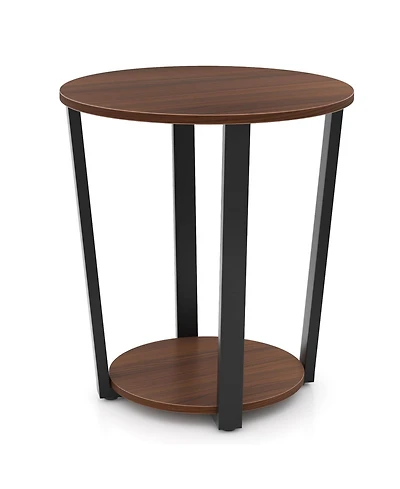 Round End Table with Open Shelf and Metal Frame-Walnut