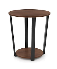 Round End Table with Open Shelf and Metal Frame-Walnut