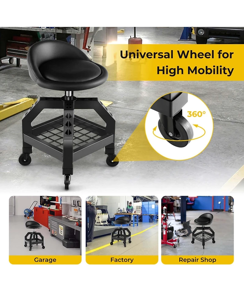 Rolling Seat Mechanic Stool Chair with Tool Tray 4 Universal Wheels for Factory