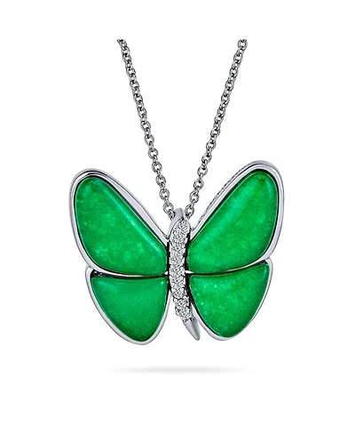 Bling Jewelry Nature Cz Accent Green Malaysian Jade Garden Insect Butterfly Necklace Pendant Silver Plated