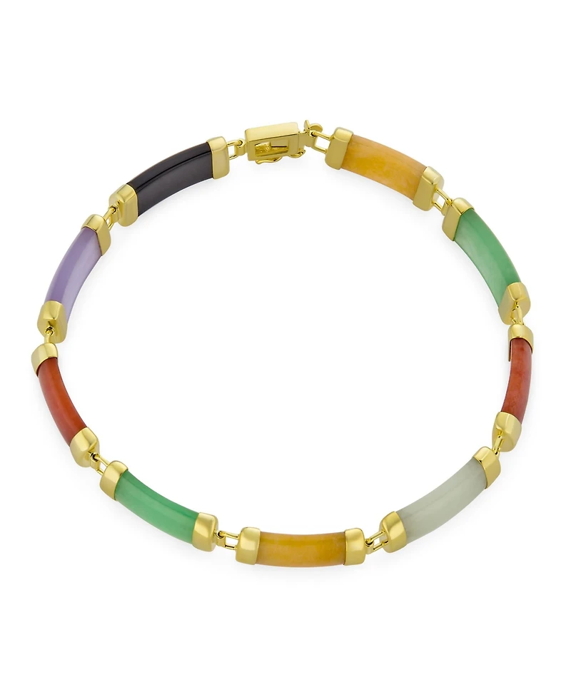 Bling Jewelry Asian Style Multi Color Yellow Red White Green Natural Jade Strand Contoured Tube Bar Link Bracelet Gold Plated Sterling Silver 7.5 Inch