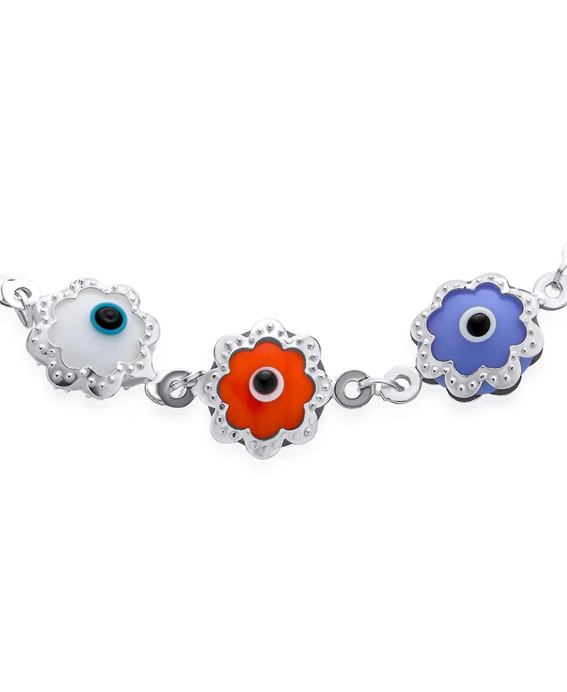 Bling Jewelry Protection Amulet Turkish Multi Color Charm Floral Round Flower Frame Evil Eyes Bracelet Sterling Silver 7.5 Inch