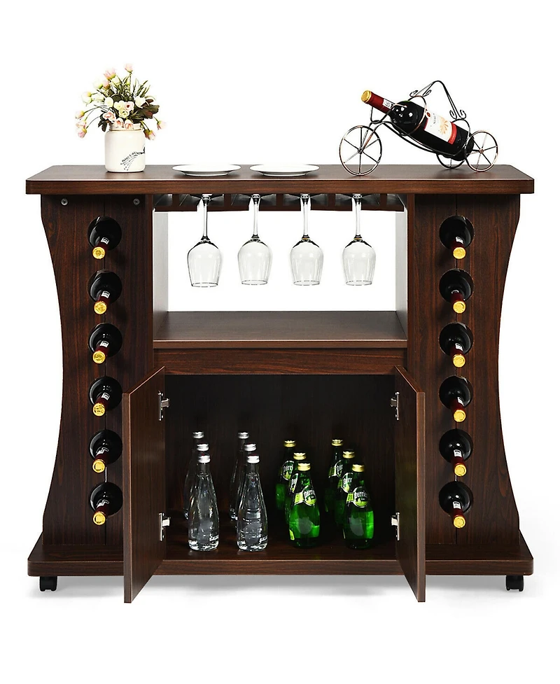 Gymax Rolling Buffet Sideboard Wooden Bar Storage Cabinet w/ Wine Rack & Glass Holder