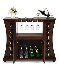 Gymax Rolling Buffet Sideboard Wooden Bar Storage Cabinet w/ Wine Rack & Glass Holder