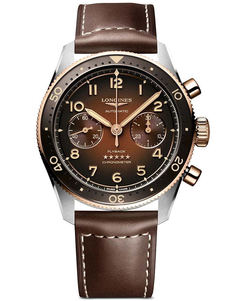 Longines Men's Swiss Automatic Chronograph Spirit Flyback Brown Leather Strap Watch 42mm