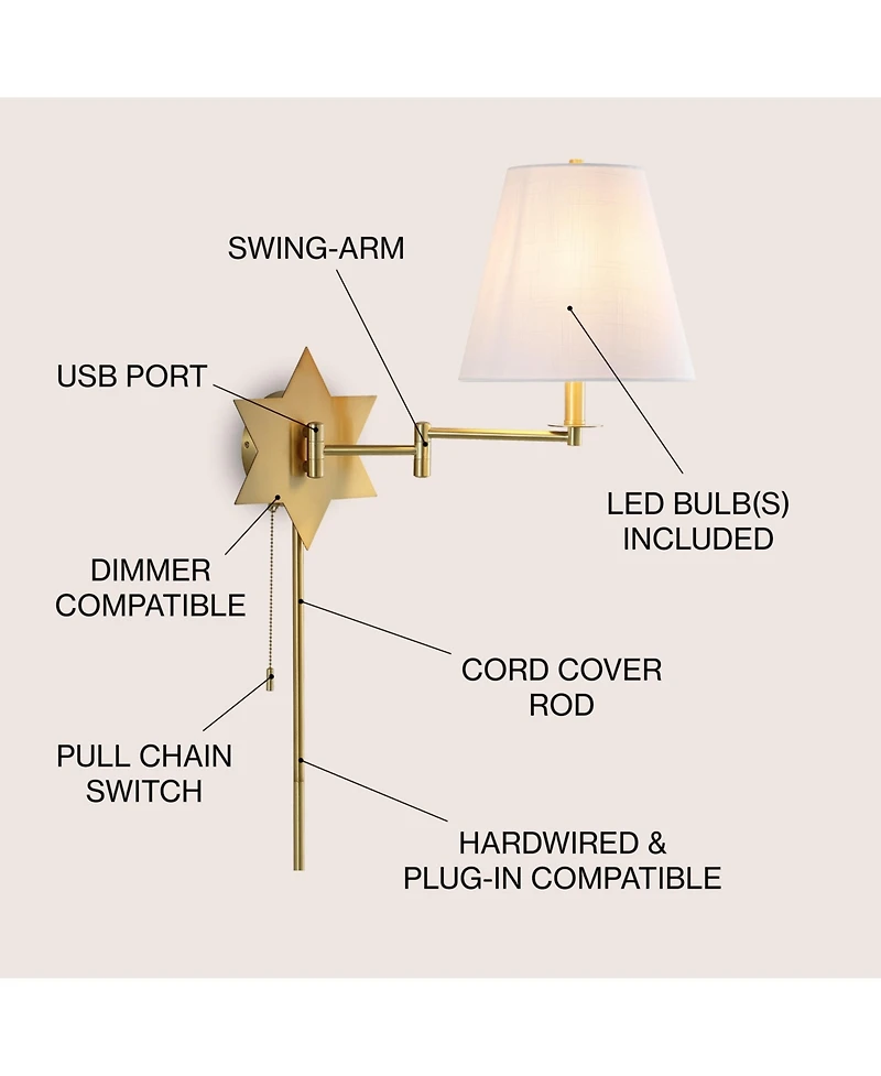 Jonathan Y David 18.5" 1-Light Modern French Country Swing Arm Plug-In or Hardwired Iron Led Star Wall Sconce with Pull-Chain and Usb Charging Port