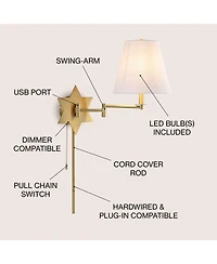Jonathan Y David 18.5" 1-Light Modern French Country Swing Arm Plug-In or Hardwired Iron Led Star Wall Sconce with Pull-Chain and Usb Charging Port